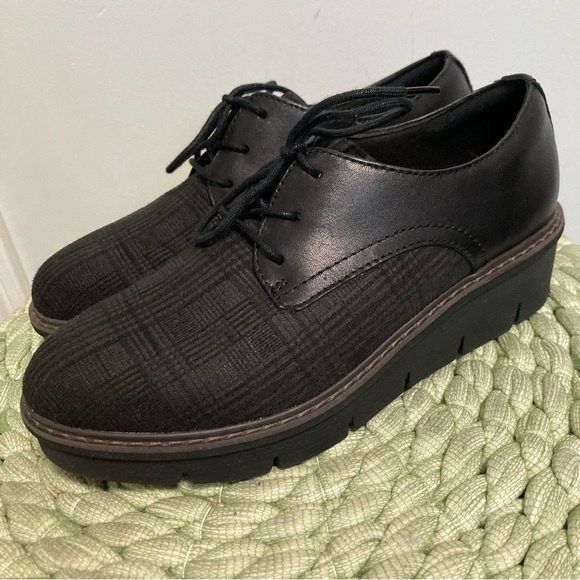 Clarks Shoes - Clarks Airabell Tye Black Leather Plaid Oxford Brogue Lace Up Wedge Loafer Shoe